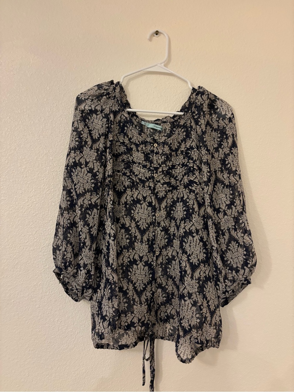 Maurices Navy and Cream Floral Peasant Blouse